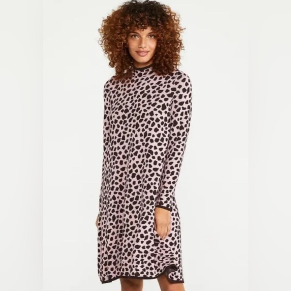 Ann Taylor Animal Print Jacquard Mock Neck Pink Brown Sweater Dress Size Large